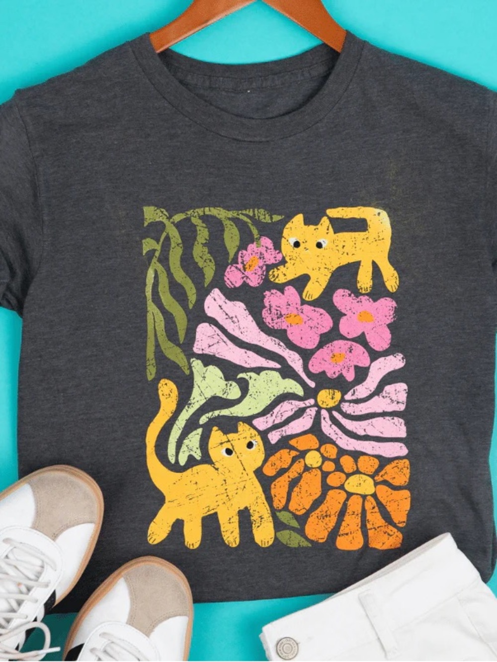 Charcoal Cat’s Garden Tee with Yellow Cats & Pink Flowers